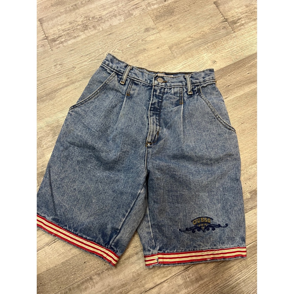Vintage Guess Georges Marciano Denim Shorts‎ Striped Trim High Waist Pleated 28